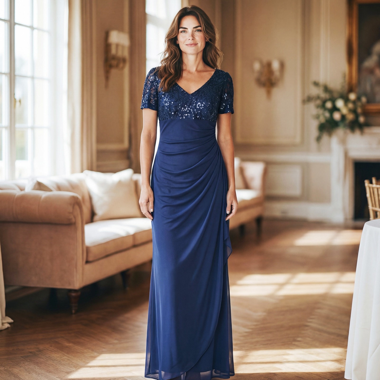 Alex Evenings Petite Blue Sequin Draped Gown 4p Formal Wedding Mother Of Bride